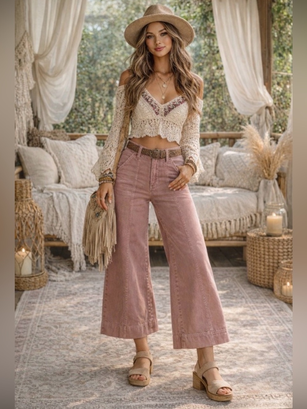 We the Free Cropped Wide Leg Flare Jeans High Waist in Pink Size 26